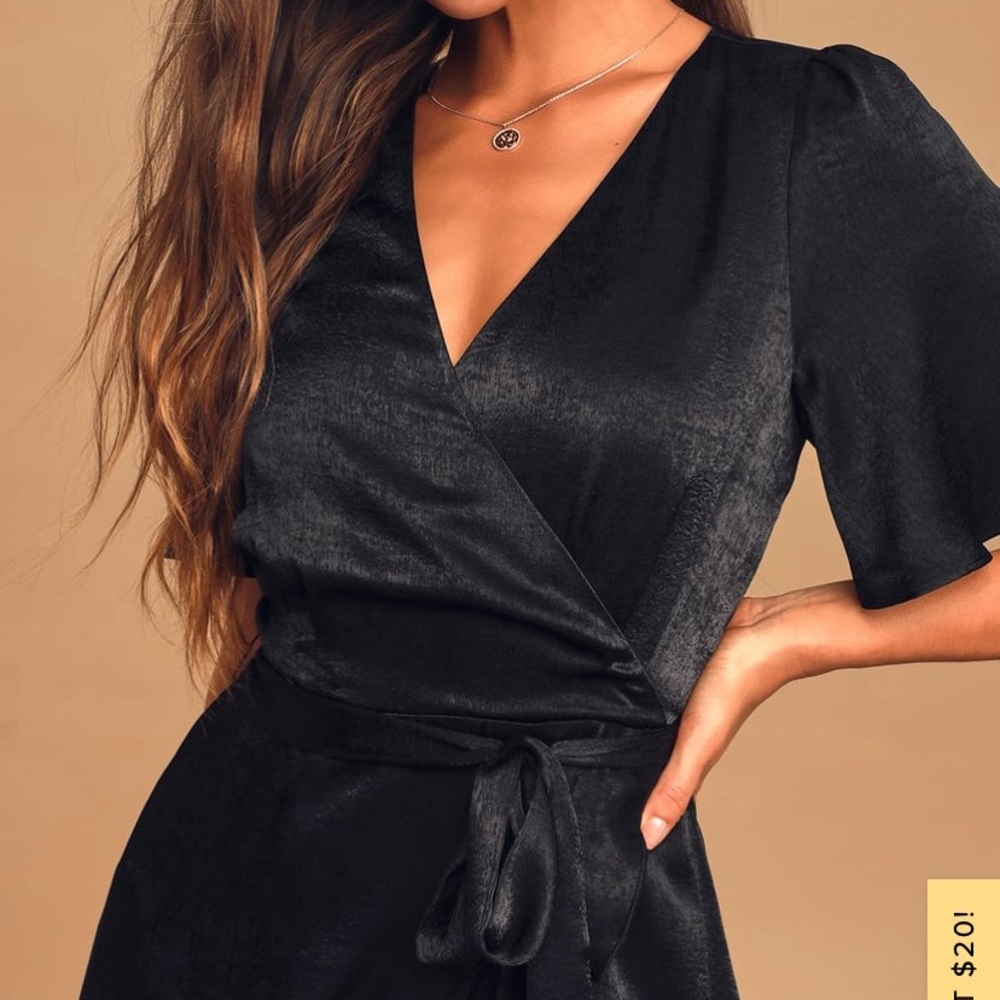 Lulu’s Black Satin Wrap MIDI Dress